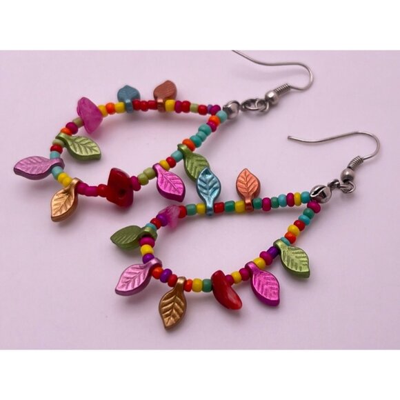 Colorful Beaded Leaf Earrings Teardrop Dangle Boho Jewelry - Picture 6 of 6